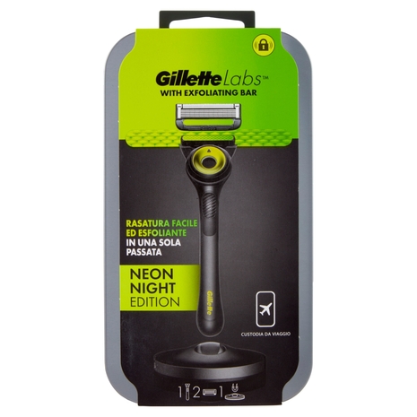 Gillette Rasoio da Uomo Labs Neon Night Edition Travel Manico + Lamette di Ricambio, 2 Ricariche